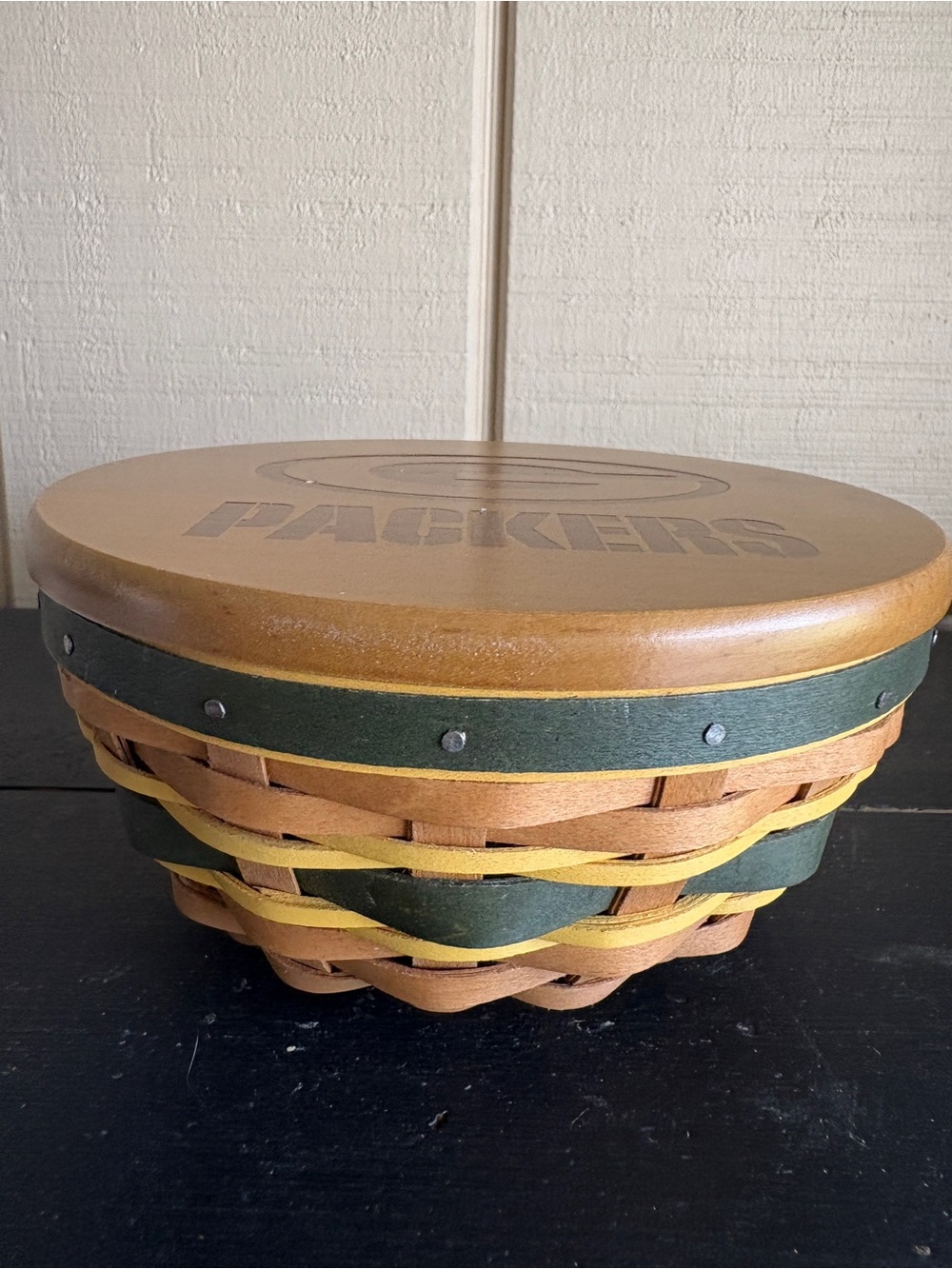 Longaberger Green and Brown Woven Basket with Lid - Packers Motif